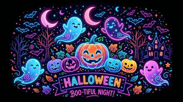 Colorful neon halloween pumpkins and ghosts night illustration