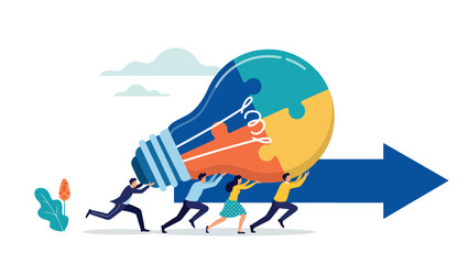 flat vector business innovation concept with team pushing giant light bulb toward growth arrow symbolizing creativity and success © muhammad