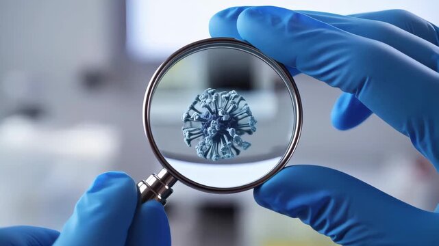 Scientist examining virus structure through magnifying glass in laboratory