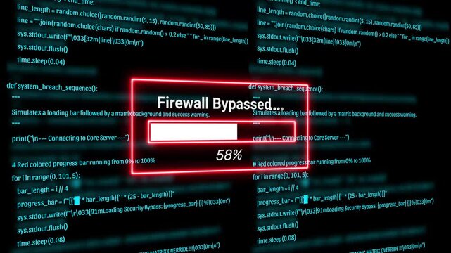  Cyber Security Hacker Terminal with firewall bypassed Alert and Matrix Code Background Motion Graphics