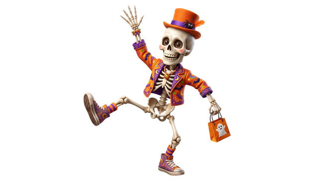 A cheerful cartoon skeleton wearing a colorful halloween suit and top hat holding a trick or treat bag