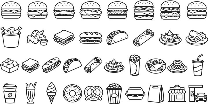 Fast food sketch vector icon and bundles collection set