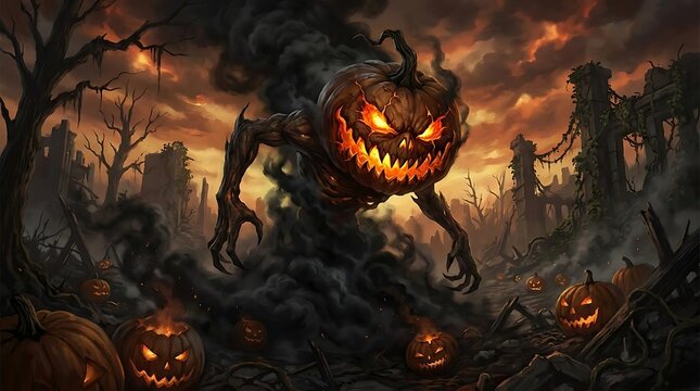 Fiery giant pumpkin monster in apocalyptic ruins.