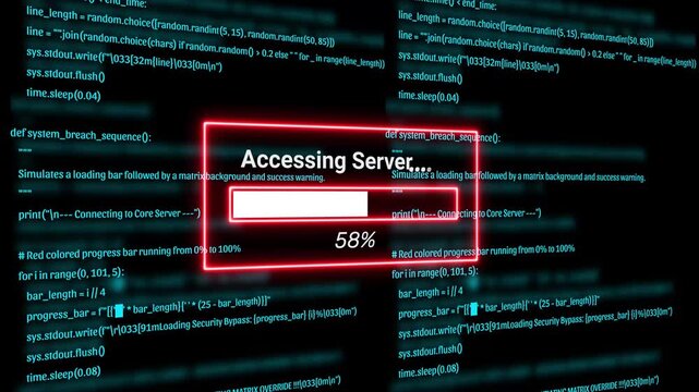  Cyber Security Hacker Terminal with accessing service Alert and Matrix Code Background Motion Graphics