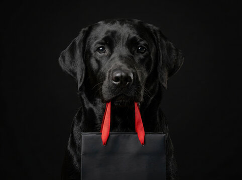 A cute black labrador dog sitting behind a black shopping bag with red handles for a creative black friday sale advertisement concept