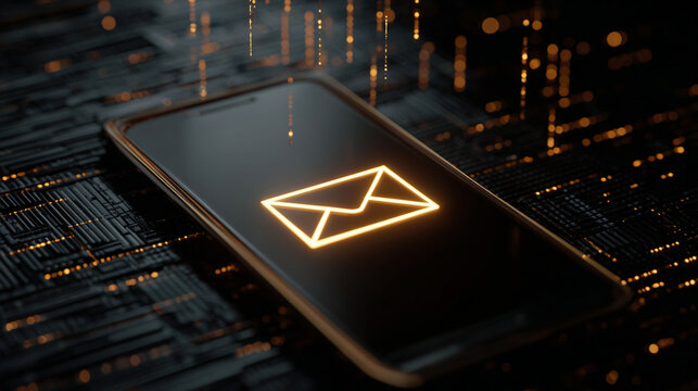Glowing golden email icon displayed on a modern smartphone screen against a dark digital textured background