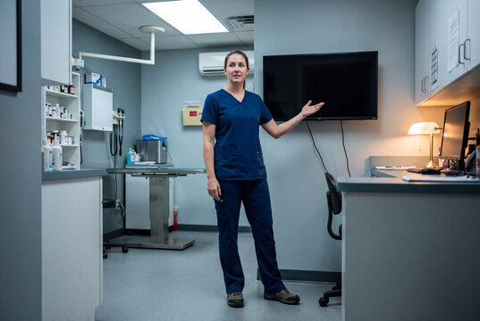 Veterinarian explaining diagnosis beside clinic computer screen