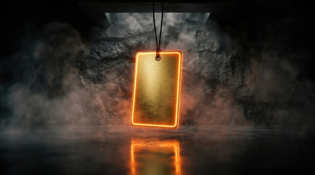 A glowing golden rectangular price tag hanging against a dark textured background representing a premium black friday shopping sale event concept
