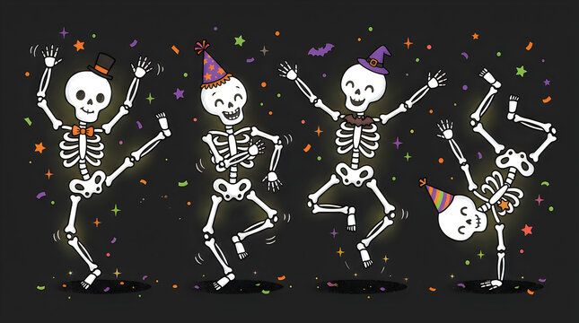 Happy dancing skeletons at a fun party with confetti