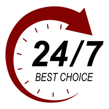 24/7 best choice badge, nonstop customer support label, circular arrow clock emblem, service vector illustration