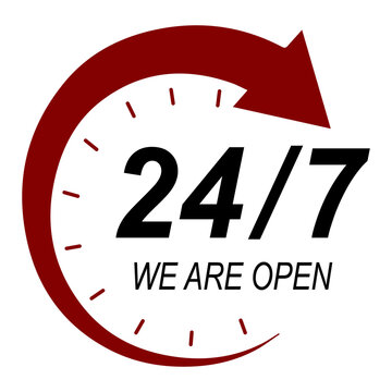 24/7 open sign, twenty four seven business service, round clock avpnglability icon with arrow