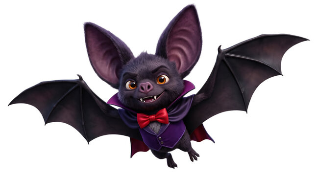 Cute cartoon vampire bat character wearing a purple vest and red bowtie isolated on black background
