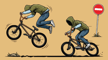 Fototapeta premium BMX Bike Riders Performing Stunts Vector Illustration