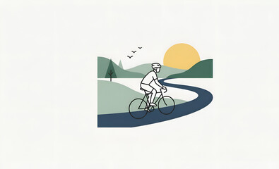 Fototapeta premium Minimalist vector illustration of a cyclist riding on a scenic road through green hills at sunrise