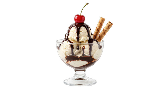 Creamy vanilla ice cream sundae with chocolate syrup cherry and wafer cookies, isolated on transparent background