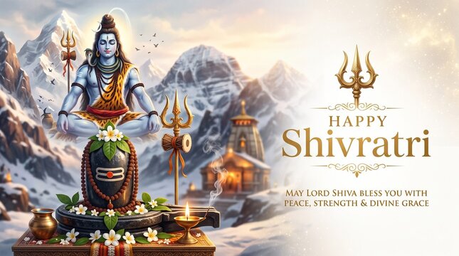 Sacred Lord Shiva meditation on Himalayan mountain with Shivling temple and devotional festival artwork for Maha Shivratri celebration