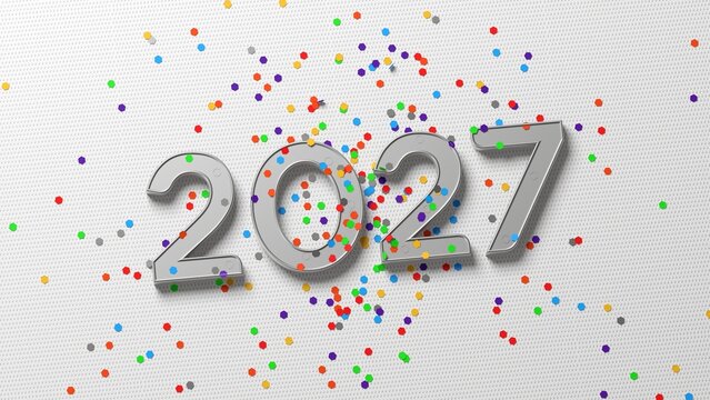 Carte de voeux 2027 avec texte argent&eacute; et confettis multicolore pos&eacute;s sur une nappe en papier blanche
