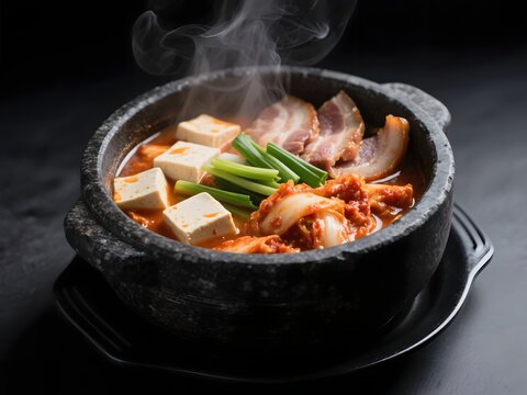 Homemade Korean Kimchi Jjigae with Tofu and Pork, Modern Dark Food Photography Style
