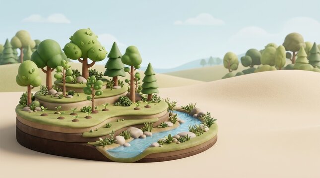 Biodiversity Restoration and Climate Adaptation, Vibrant 3D diorama of a green ecosystem with trees and river contrasting a dry, barren landscape.