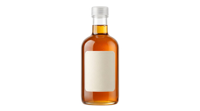 Amber glass bottle with blank white label, clear liquid container for whiskey or syrup, premium apothecary style packaging mockup isolated PNG with Transparent Background