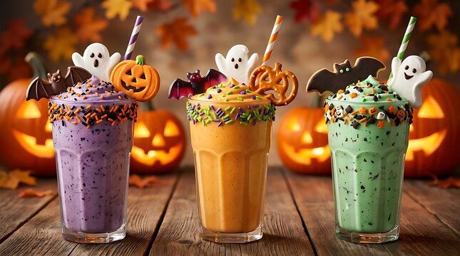 Halloween milkshakes with spooky ghost and pumpkin toppings.