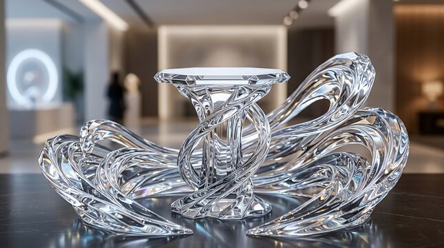 Modern abstract sculpture made of clear material on a dark surface