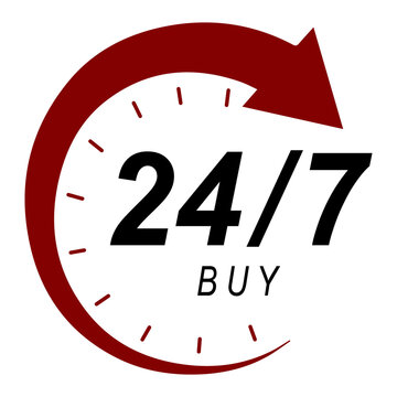 24/7 buy sign, round clock shopping symbol, nonstop purchase avpnglability icon for retpngl business