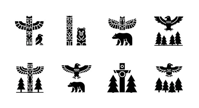 Indigenous totem pole and animal spirit icons set.