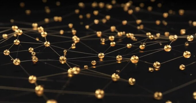 Golden spheres connected by delicate glowing lines form a sophisticated network pattern in this smooth motion animation video representing data connectivity and complex digital communication systems.