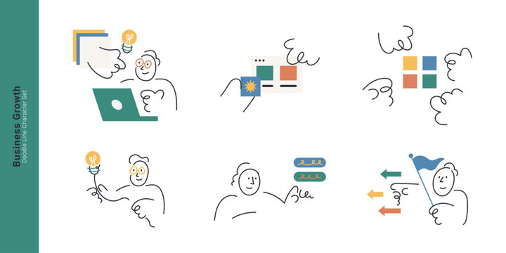 Business growth and innovation concepts. Doodle line characters working on laptops, holding light bulb ideas, setting strategy goals, and pointing directions.