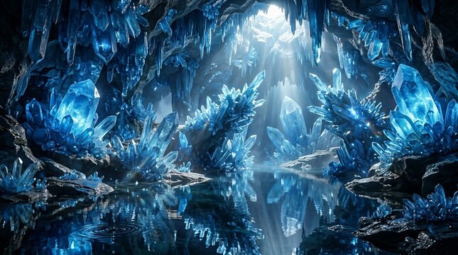 Mystical cave interior filled with illuminated blue crystals reflecting in water