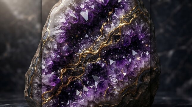 Natural amethyst geode crystal formation with golden veins macro view