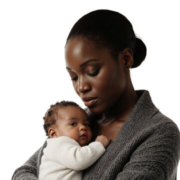 Mother baby newborn lovingly held by African American woman isolated on a transparent background representing motherhood