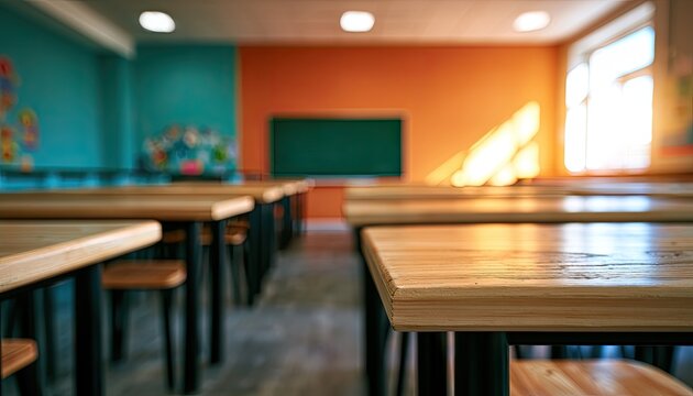 Empty classroom with wooden desks and colorful walls, bathed in sunlight