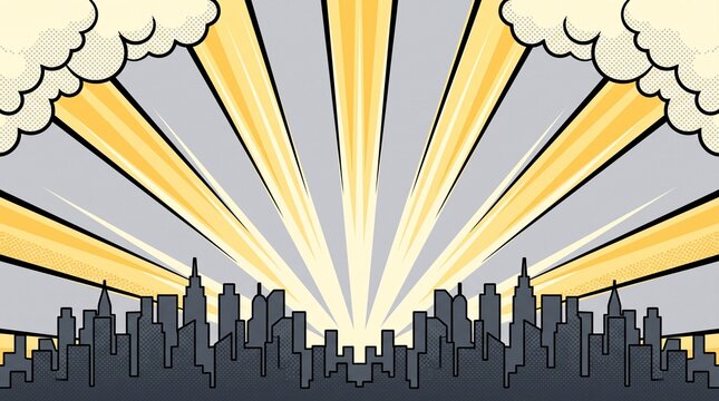 Gray and gold city skyline featuring elegant vintage sunburst rays and comic clouds. Perfect for architecture, corporate presentations, editorial layouts, and creative branding.