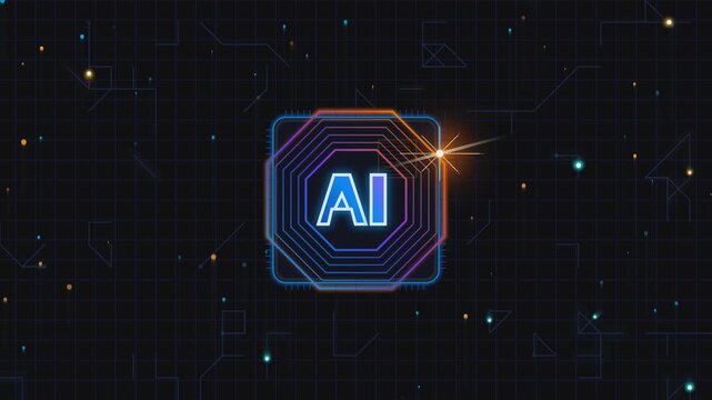 Artificial intelligence chip processor logo glowing neon light on dark circuit board.