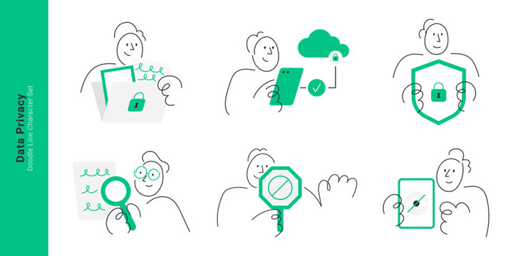 Data privacy and personal information protection concepts. Doodle line characters holding locked files, secure cloud, security shield, inspecting documents, and stop sign.