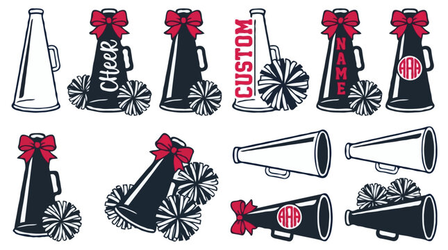 Cheerleading Megaphone and Pom Poms Vector Elements Set