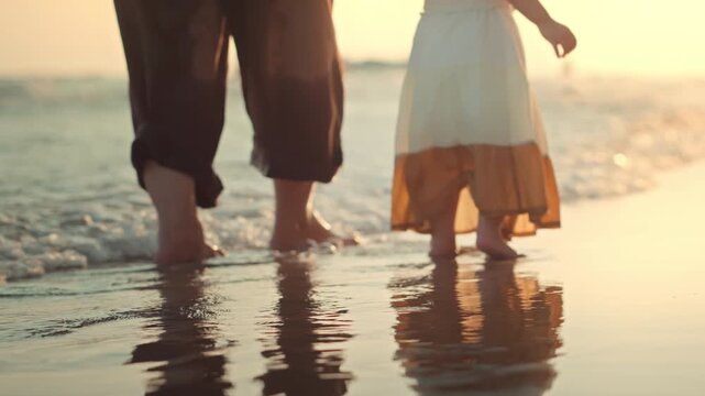 Close up of Asian parent and toddler girl feet walking barefoot on sandy beach at sunset golden hour. Hazy cinematic shot of family summer vacation and slow living bonding. Ideal for travel, parenting