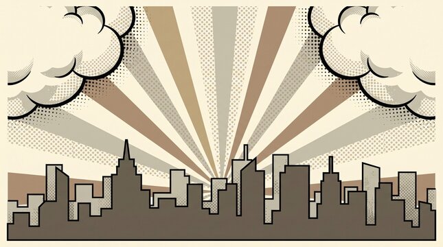 Elegant beige city skyline with vintage radial sunburst rays and soft comic clouds. Perfect for business presentations, editorial graphics, architecture projects, posters, and urban branding.