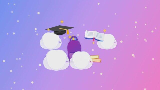 Animated education elements floating with graduation cap backpack and open book icon.