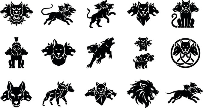 Set of cerberus icons, threeheaded dog mythological creature silhouettes