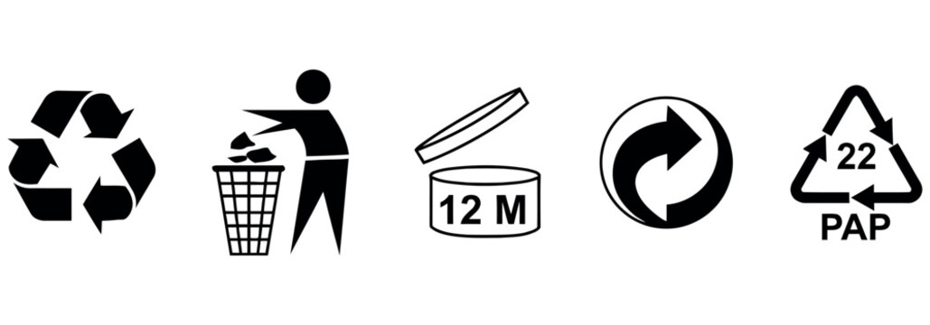 Set of black packaging icons featuring recycling symbols and product shelf life indicators.