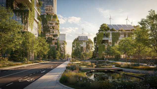 Future eco city street with vertical forests on buildings, solar panels, and wind turbines for sustainable green living