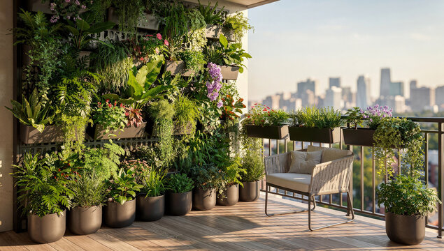 Lush vertical garden on a modern apartment balcony featuring diverse potted plants and a comfortable chair with a bright urban city skyline view