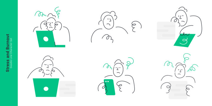 Work stress and burnout syndrome concepts. Doodle line characters feeling exhausted, overwhelmed with laptop tasks, frustrated, anxious, and tired at office desk.