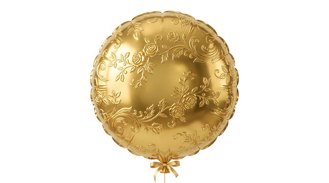 A single round gold foil balloon with an elegant floral pattern isolated on a white background