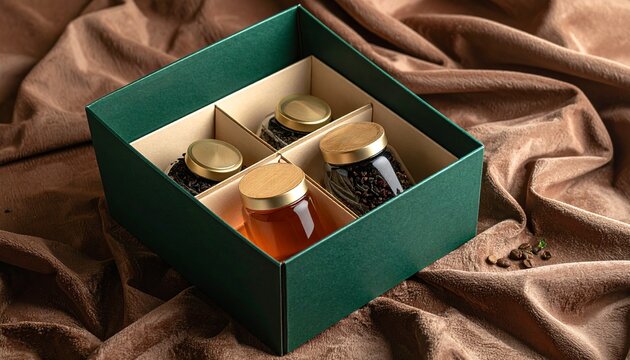 Elegant tea and coffee gift set in green box with glass jars on brown fabric, symbolizing luxury and craftsmanship.