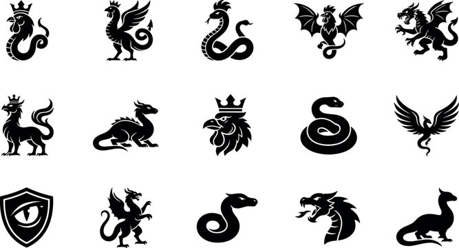 Set of mythical creatures and monsters silhouettes