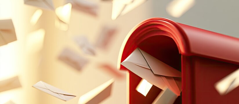 Red mailbox overflows with letters; many float around